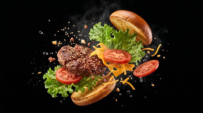 Floating gourmet burger ingredients exploding in mid-air against a dark background.