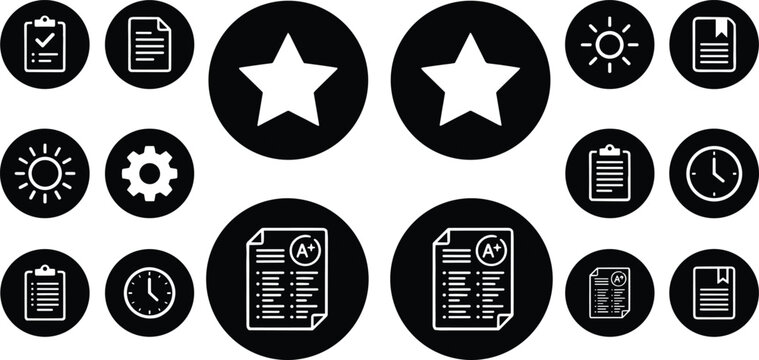 Education and Office Icon Set Featuring Exam Papers with A Plus Grades Stars Checklist Clipboard Clock Sun and Settings Symbols Vector Illustration