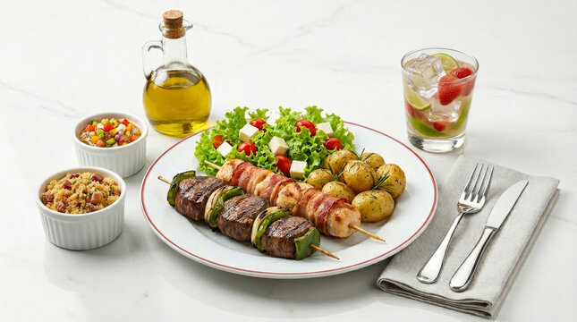 Refei&ccedil;&atilde;o brasileira com espetinhos de carne e espetinho. defrango com bacon acompanhados de farofa, salada,  batatas e caipirinha de morango sobre fundo branco de m&aacute;rmore