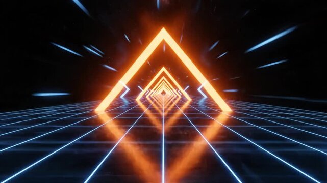 Futuristic neon triangle tunnel with blue grid floor