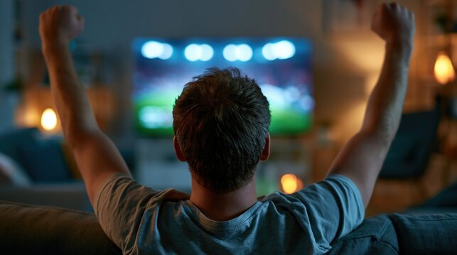 Football fan celebrating victory alone in minimalist living room