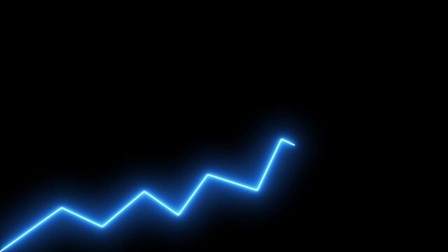 Neon blue financial growth chart line animation rising on black background, glowing