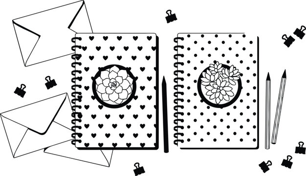 Top View Workspace Composition with Cute Heart and Polka Dot Spiral Notebooks, Envelopes, Pencils, Binder Clips, and Succulent Flower Illustration