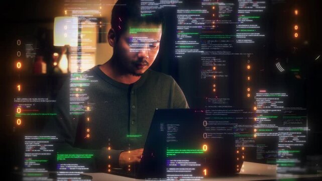 Focused young male developer working on a laptop at night surrounded by floating digital code and binary data holographic interface in a dark room office setting. Software technology development.