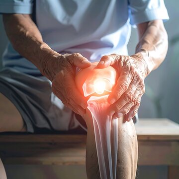 A person clutching their knee with a glowing red light on the kneecap