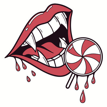 Red vampire lips biting into a sweet lollipop art.
