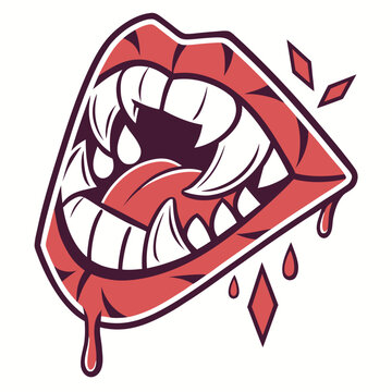 Stylized vampire mouth with fangs and blood drips.