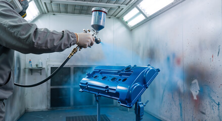Fototapeta premium Worker in protective gear using a spray gun to paint an engine valve cover blue. Automotive mechanic working in an industrial paint booth. Auto body shop repair and maintenance