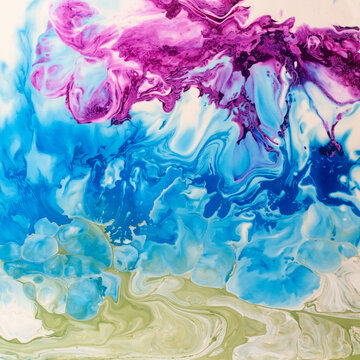 Colorful abstract painting with blue, green, and purple hues in a flowing design