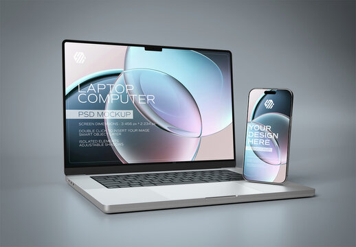 Silver Smartphone and Laptop Isolated on Grey Background Mockup