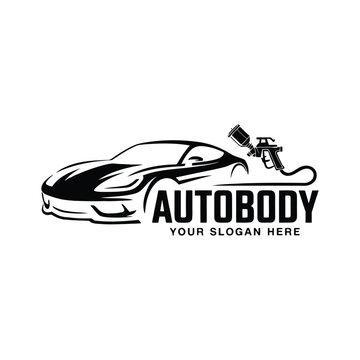 Black and white of a car with spray gun for autobody shop