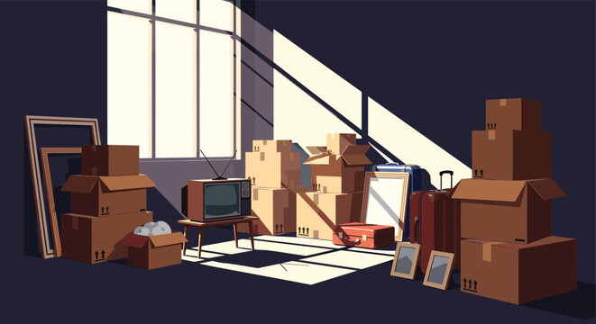 Sunlit room filled with numerous cardboard moving boxes suitcases and a vintage television during a house relocation process.