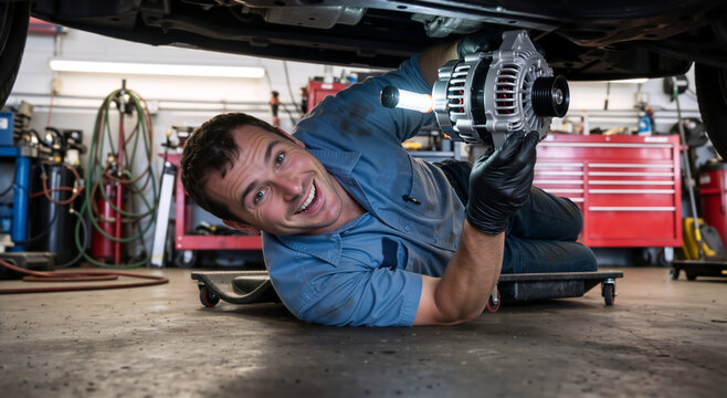Smiling auto mechanic holding new alternator under car. Happy male technician working on vehicle repair in garage with work light