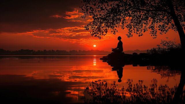 Serene sunset meditation with yoga silhouette reflected beautifully across tranquil water