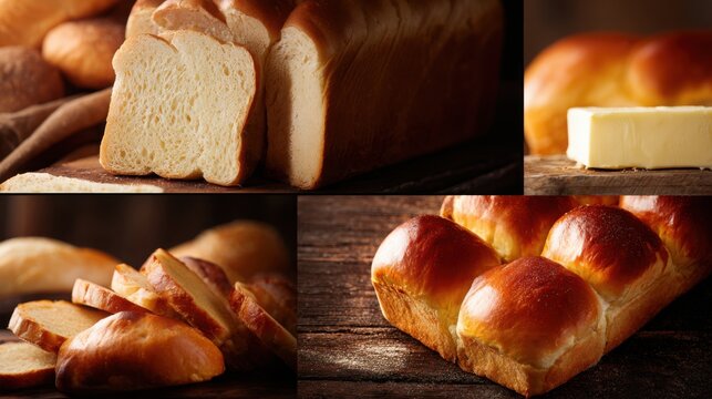 collage of glossy fresh baked bread and buttery rolls close up food composition golden crust soft texture warm bakery atmosphere realistic food