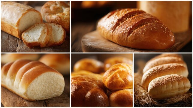collage of glossy fresh baked bread and buttery rolls close up food composition golden crust soft texture warm bakery atmosphere realistic food