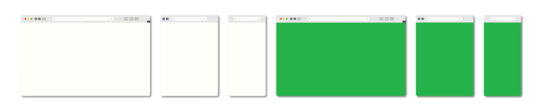 Responsive browser windows showing green screen layout mockup template.