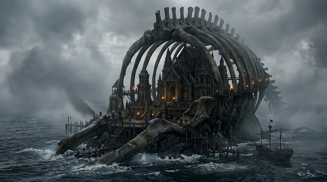 Ancient Temple Inside Massive Whale Skeleton on Stormy Ocean Shore Dramatic Fantasy Scene