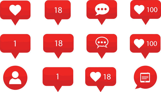 Social media notification icons set, like heart and comment bubble counters, red app badge collection, vector