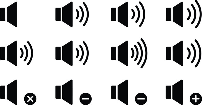 Speaker volume control icon set, audio sound level symbols for mute, increase and decrease settings, media interface design, vector illustration