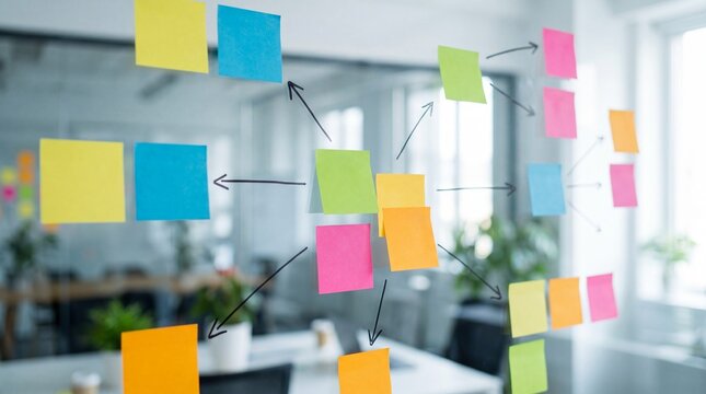 Colorful sticky notes on a glass board for brainstorming and creative collaboration.