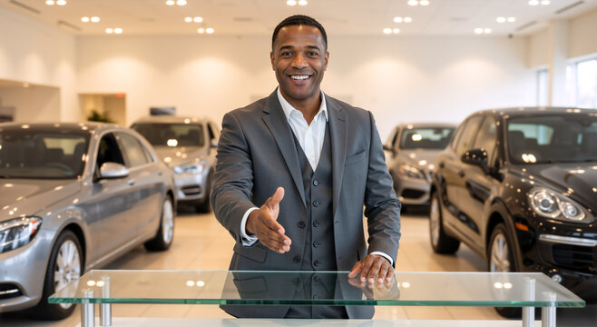 Professional car salesman offering a handshake in a showroom. Business man welcoming a customer