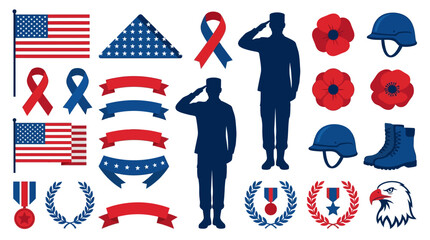 Fototapeta premium Collection of awareness ribbons and military symbols vector icons