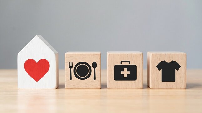Charity donation icons on wooden blocks, humanitarian aid and community support concept, house with red heart and basic needs symbols