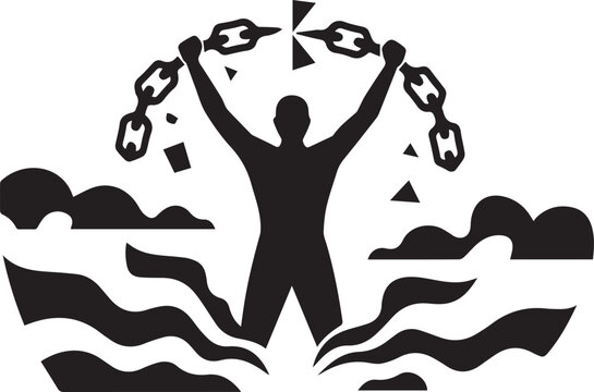 A Bold Black And White Vector Illustration Featuring A Strong Human Silhouette Breaking Metal Chains Representing Ultimate Liberty