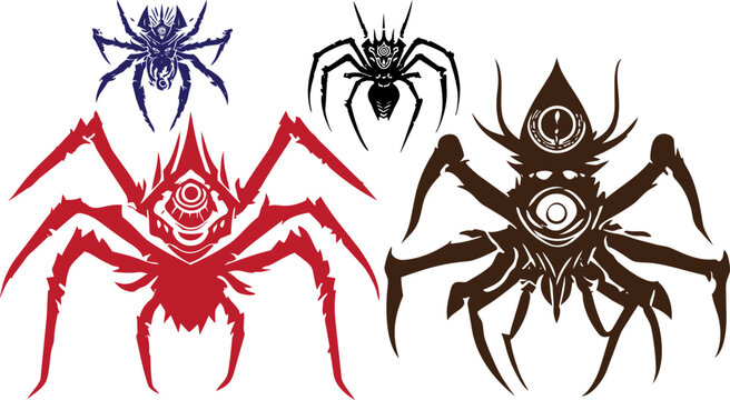 Stylized spider monster vector set, aggressive arachnid creature silhouettes, dark fantasy alien insect icons for gaming and tattoo design