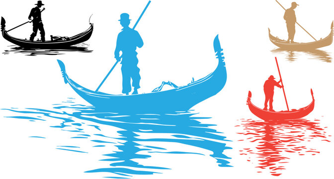 Venetian gondola silhouette set, traditional Italian rowing boat with gondolier, colorful water transport vector collection, 4 flat icons for travel design