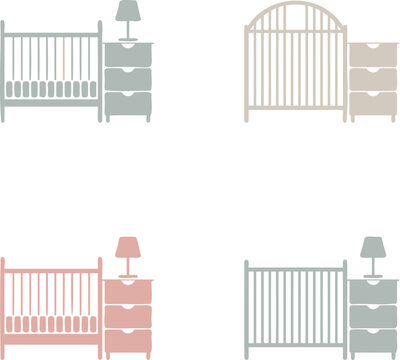 Four different colored baby cribs and nightstands with lamps on transparent background for nursery furniture design