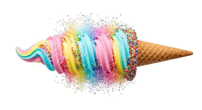 Rainbow swirl soft serve ice cream cone with colorful sprinkles exploding and falling isolated on transparent background