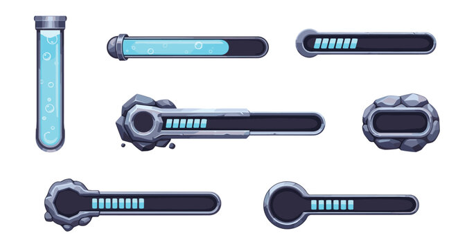 Set of futuristic and stone-textured game progress bars including fluid test tubes and energy level indicators for ui design.