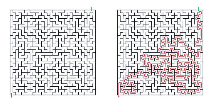 Maze puzzle design with solution path highlighted in red  