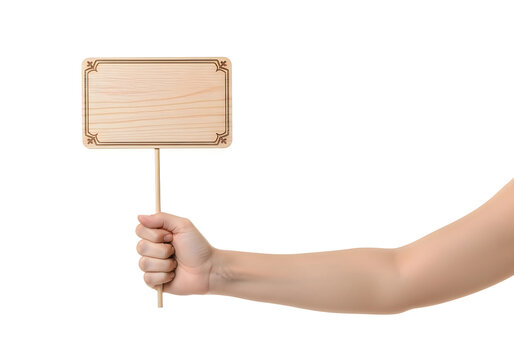Person holding blank wooden sign on a stick isolated on white background