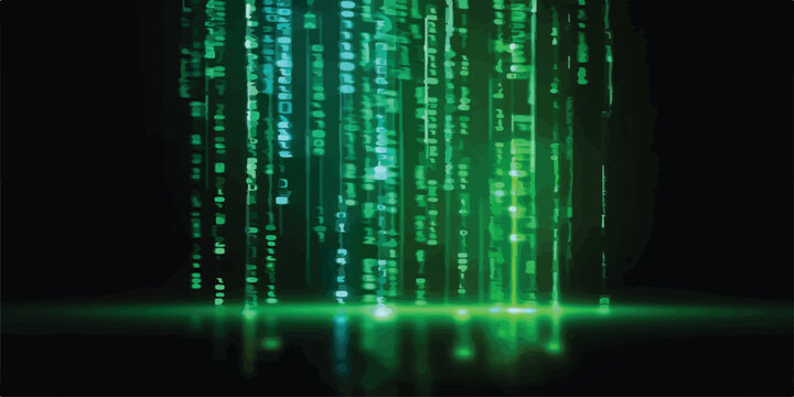 Digital data stream of green and blue binary code falling vertically against a black background with abstract background digital art data processing transfer abstract technology sci