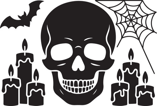 Halloween skull vector graphic featuring candles spider web and a flying bat silhouette for holiday spooky party decoration