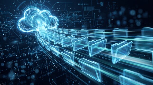 Digital folders from laptop screen data organization concept. Digital data transfer through a cloud network with glowing files and pixels.