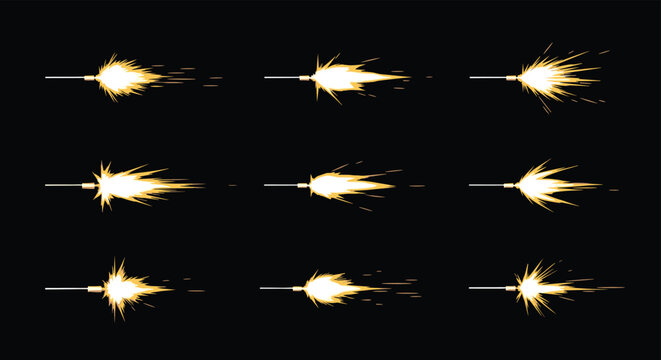 Sequence of diverse gun muzzle flashes with bright sparks and explosive light patterns on a solid black background for vfx.
