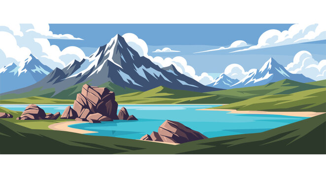 Breathtaking panoramic landscape of a crystal clear mountain lake surrounded by snow-capped peaks and green meadows under a blue sky.