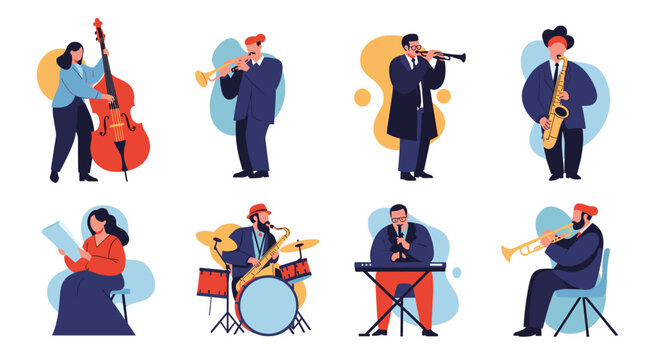 Energetic jazz band musicians playing various instruments including saxophone trumpet double bass and drums in a stylish artistic style.