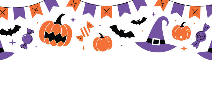 Halloween party banner with spooky pumpkins and witch hats