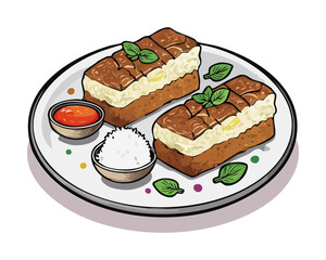 Sliced traditional chocolate layered cake served with white sugar and fresh green mint leaf decoration - Vector Illustration © powdesign