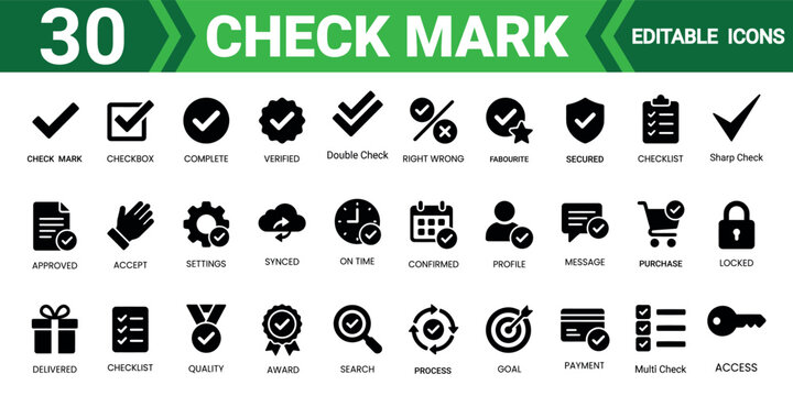 Solid check mark icon collection set editable vector illustration mega pack