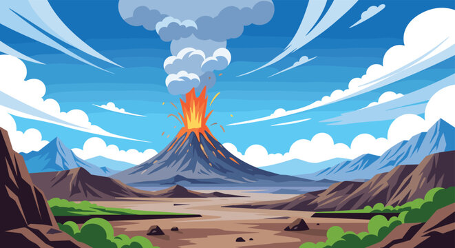 Powerful erupting volcano spews bright orange lava and thick gray smoke into a clear blue sky over a mountainous landscape.