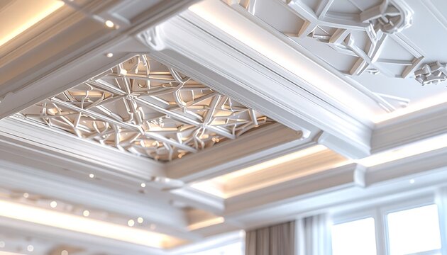 ornate white ceiling with intricate geometric patterns and recessed lighting, luxurious interior design element, elegant architectural detail