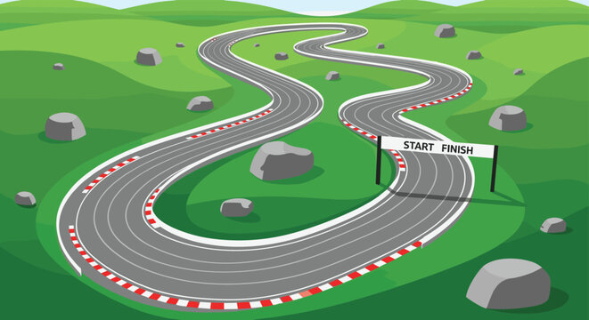 Winding racing circuit stretches through a lush green hilly landscape with a prominent start and finish line banner.