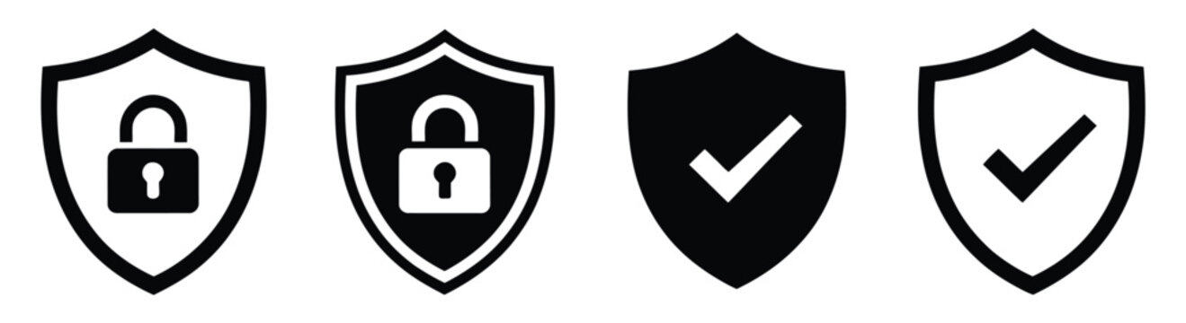 Security shield icons set featuring lock and check mark logotypes for data protection, privacy, and security system design