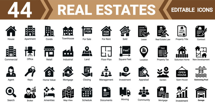 Real estate icons 44 editable vector illustrations solid icon collection set mega pack